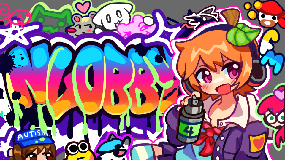 Colorful nlobby4 graffiti and character artwork.